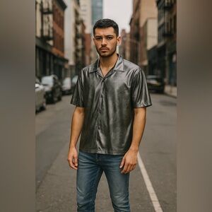 POP ICON Metallic Dragon Button Up Shirt Size L Silver Black